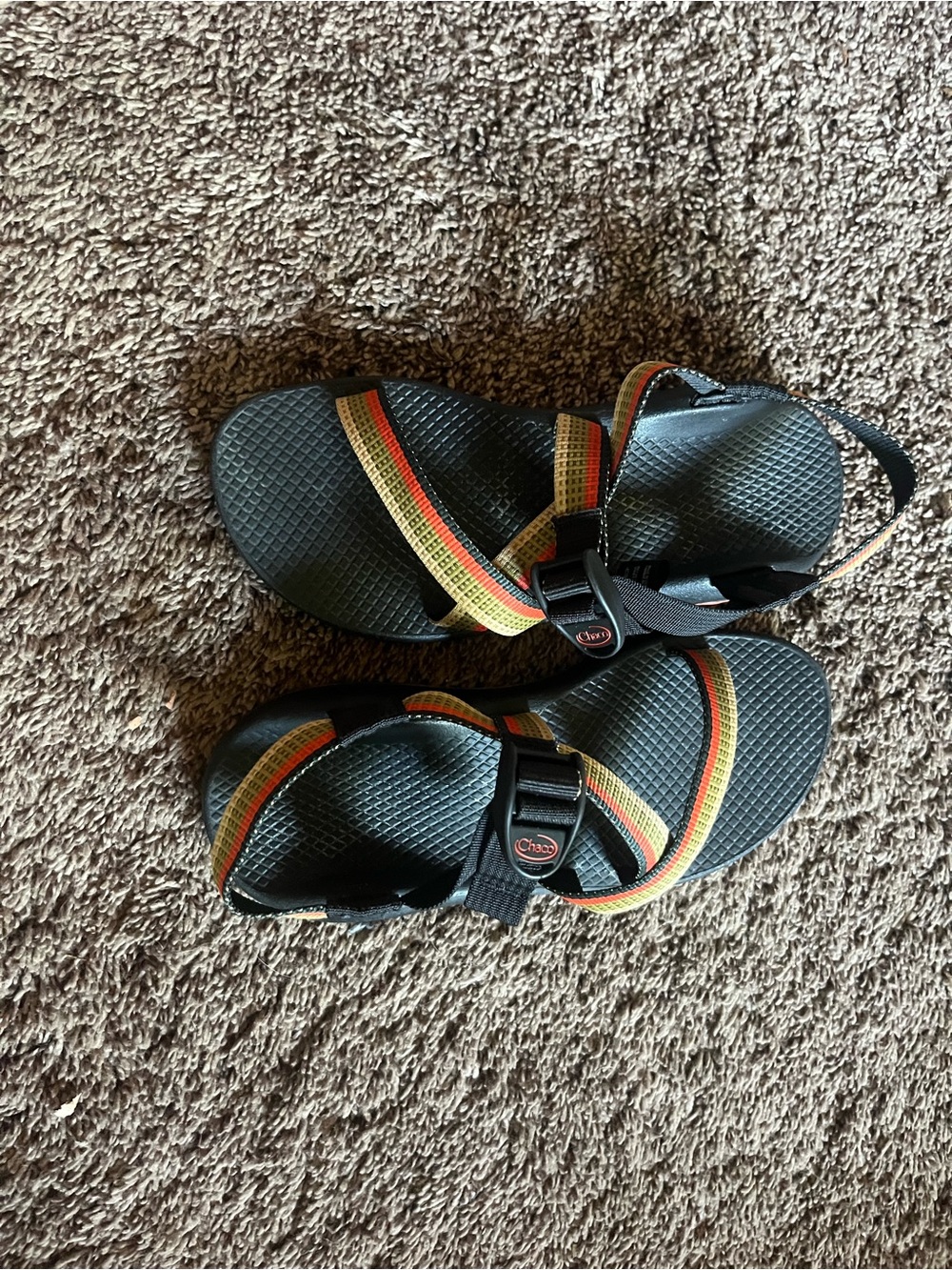 Chaco Black Sandals with Red, Yellow and Green Straps